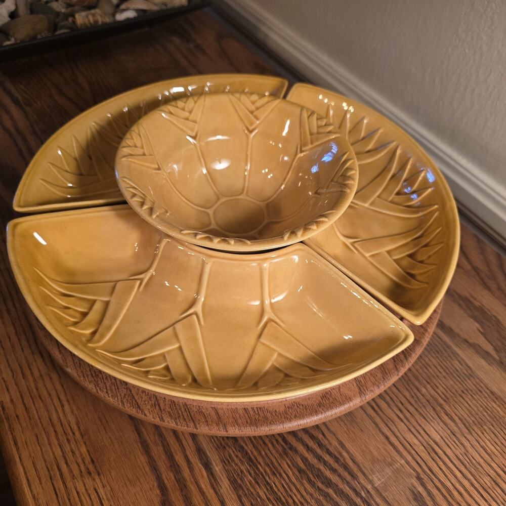 MCM Lazy Susan Chip and Dip Set Color Gold California USA L59- EXCELLENT IN BOX - Picture 2 of 13